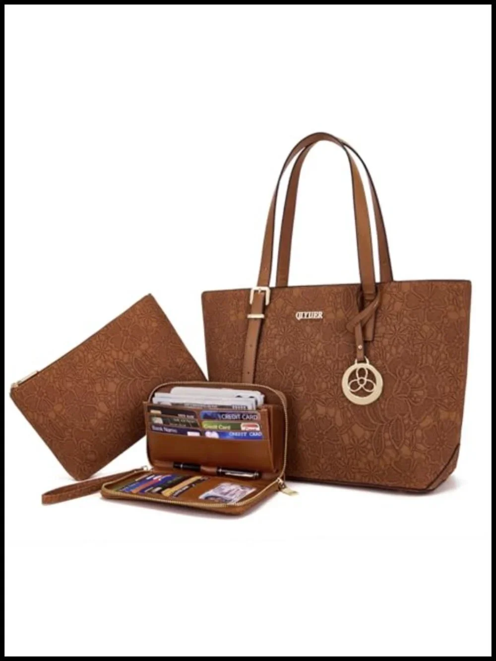 Women's Satchel Purse Set with Wallet and Cosmetic Bag Faux Leather